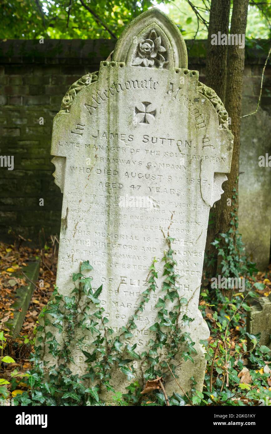 The gravestone in Southampton Old Cemetery of James Sutton, the late manager of the Southampton Tramway Company Stock Photo