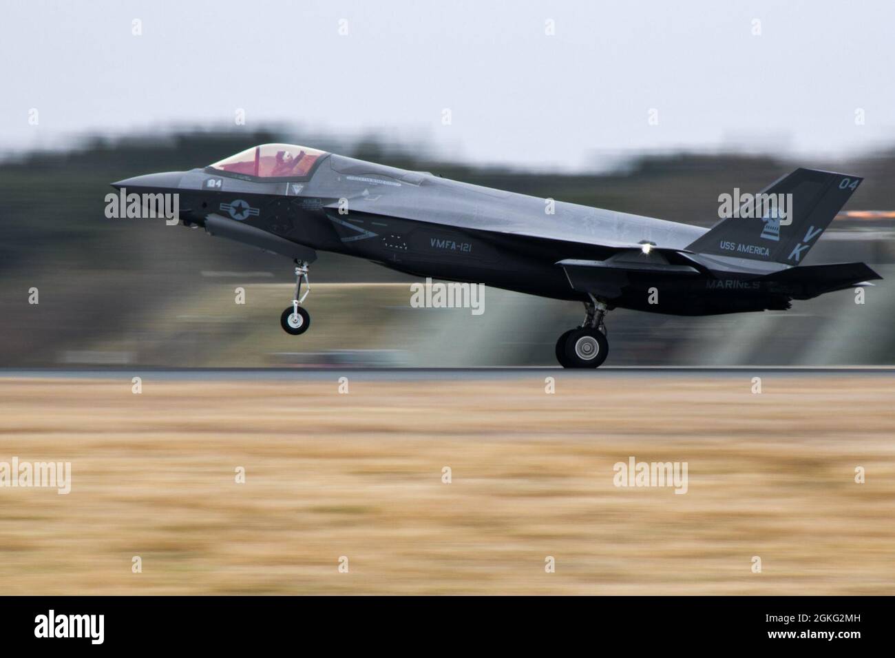 210413-N-EJ241-1051    MISAWA, Japan (April 13, 2021) – An F-35B Lightning II, assigned to the 'Green Knights' of Marine Fighter Attack Squadron (VMFA) 121, lands at Misawa Air Base. VMFA-121 is the first operational F-35 squadron in the U.S. military. Stock Photo