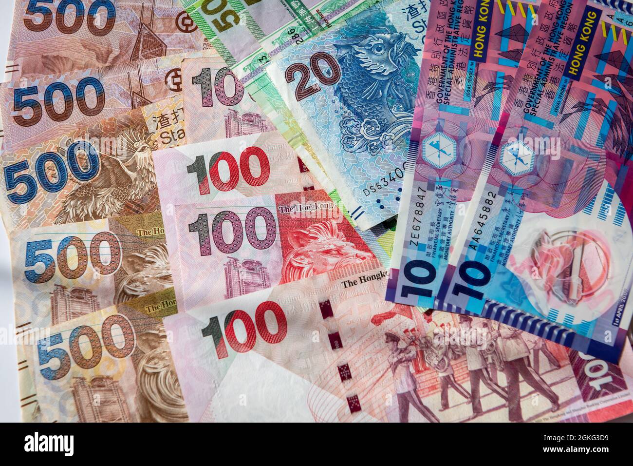A pile of Hong Kong Dollars bank notes. Stock Photo