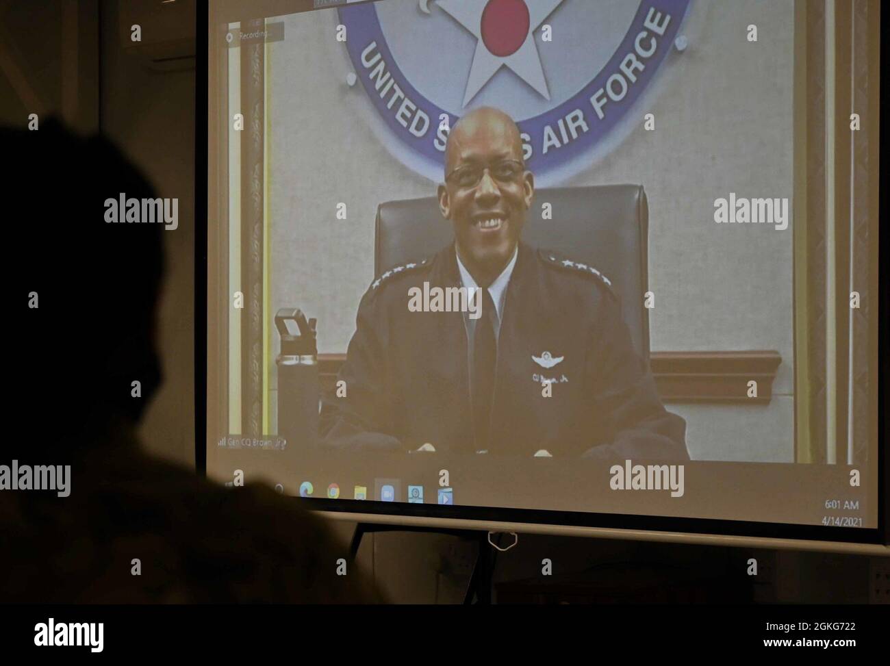 U.S. Air Force Chief of Staff, Gen. Charles Q. Brown, joins deployed Airmen at the 332nd Air Expeditionary Wing during a virtual question and answer session, April 14, 2021. The event was organized by the wing diversity and inclusion council and provided Airmen the opportunity to ask questions of top-level Air Force leadership. Stock Photo