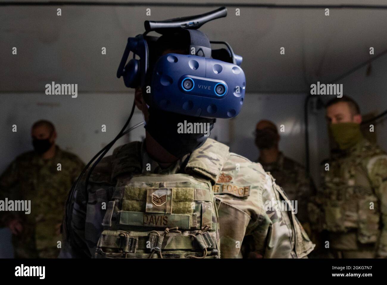 U.S. Air Force Staff Sgt. Dashawn Davis, 386th Expeditionary Security Forces Squadron Counter small Unmanned Aerial Systems noncommission officer in charge, demonstrates how immersive the Street Smarts virtual reality platform is at Ali Al Salem Air Base, Kuwait, April 15, 2021. When utilizing the platform, Defenders are placed in fully-immersive environments, so detailed that they can look and move in any direction. Stock Photo