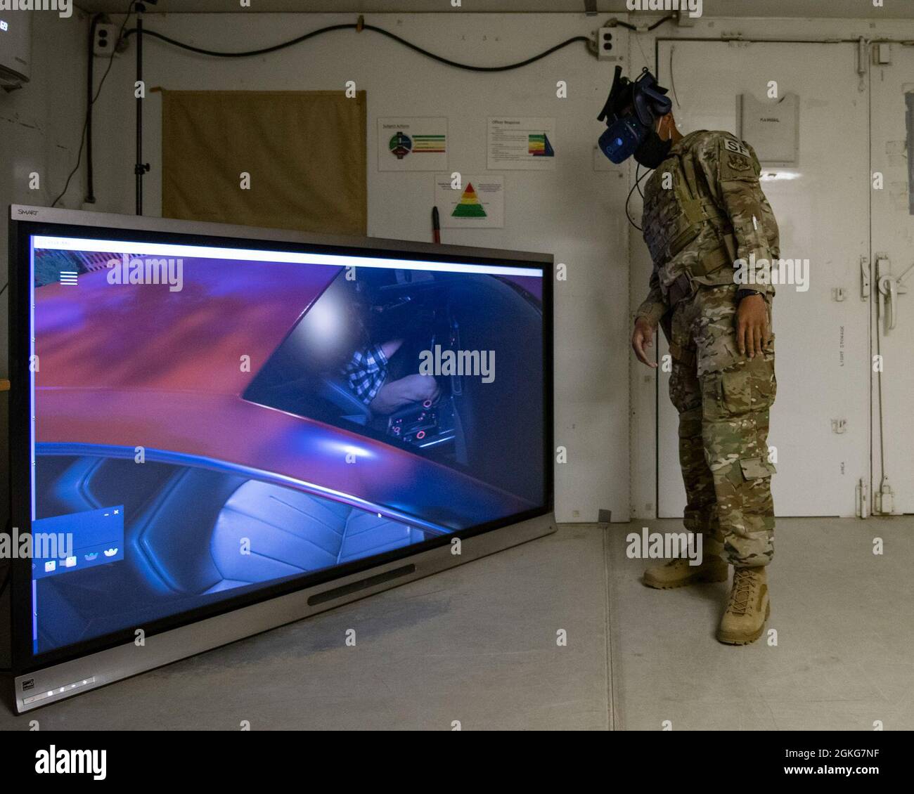 U.S. Air Force Staff Sgt. Dashawn Davis, 386th Expeditionary Security Forces Squadron counter small unmanned aerial system noncommission officer in charge, demonstrates how immersive the street Smarts virtual reality platform is at Ali Al Salem Air Base, Kuwait, April 15, 2021. When utilizing the platform, Defenders are placed in fully-immersive environments, so detailed that they can look and move in any direction. Stock Photo