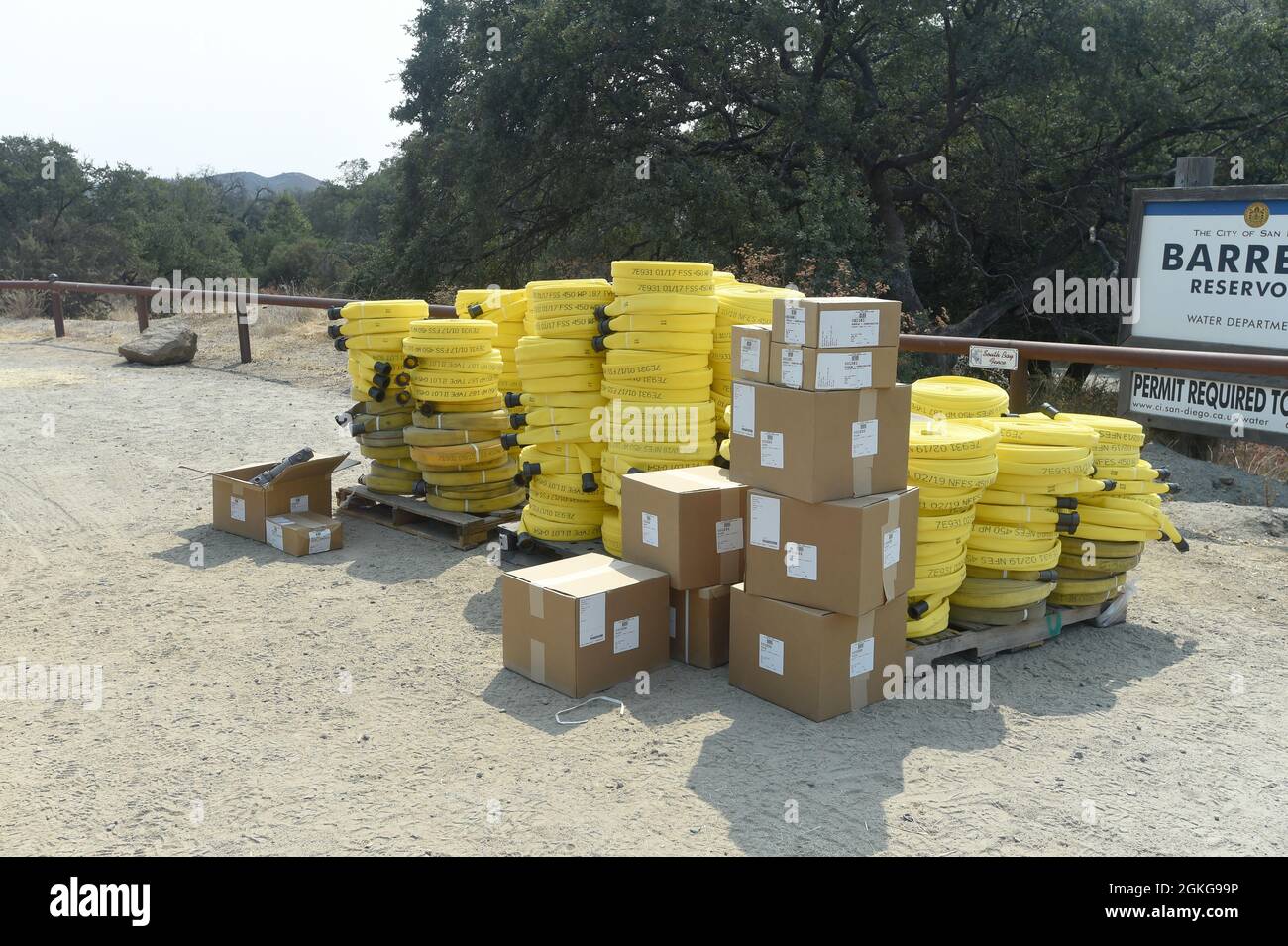 Wildland hose supplies sit ready for use at Valley Fire, east of San DIego, California Stock Photo