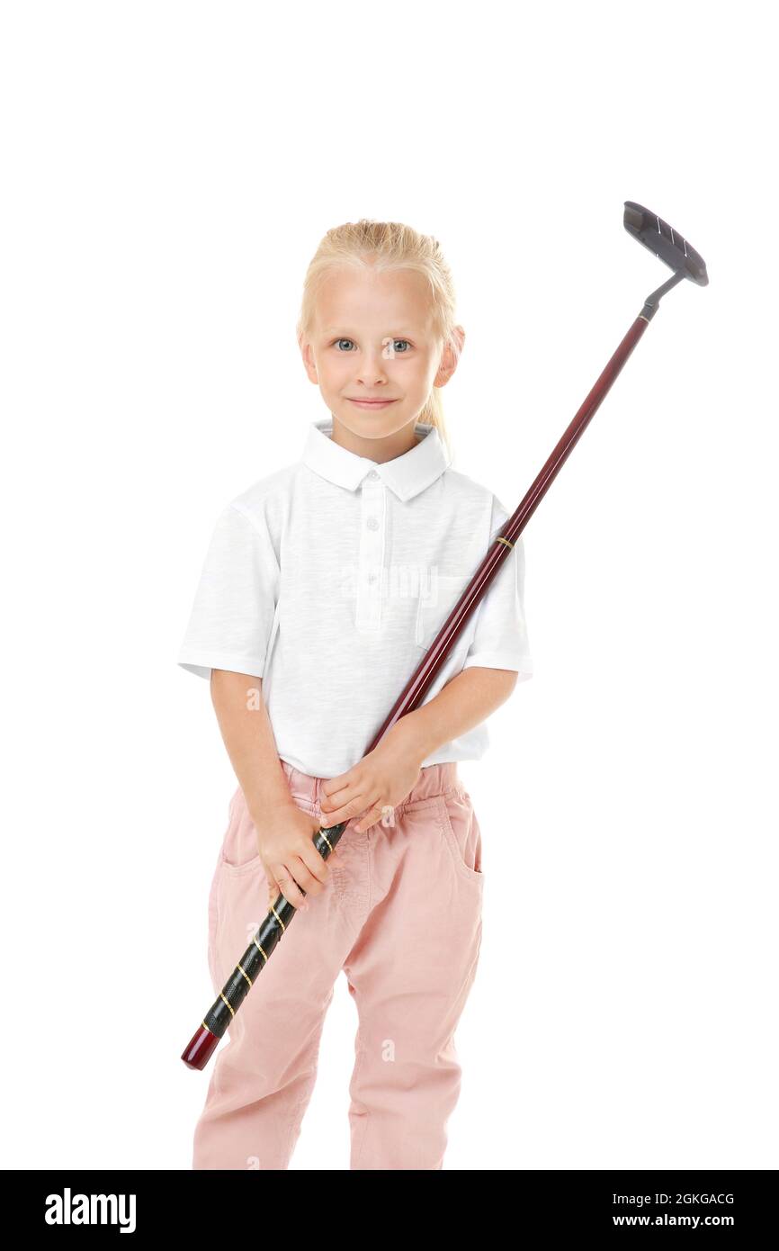 Little girl with golf driver isolated on white Stock Photo Alamy
