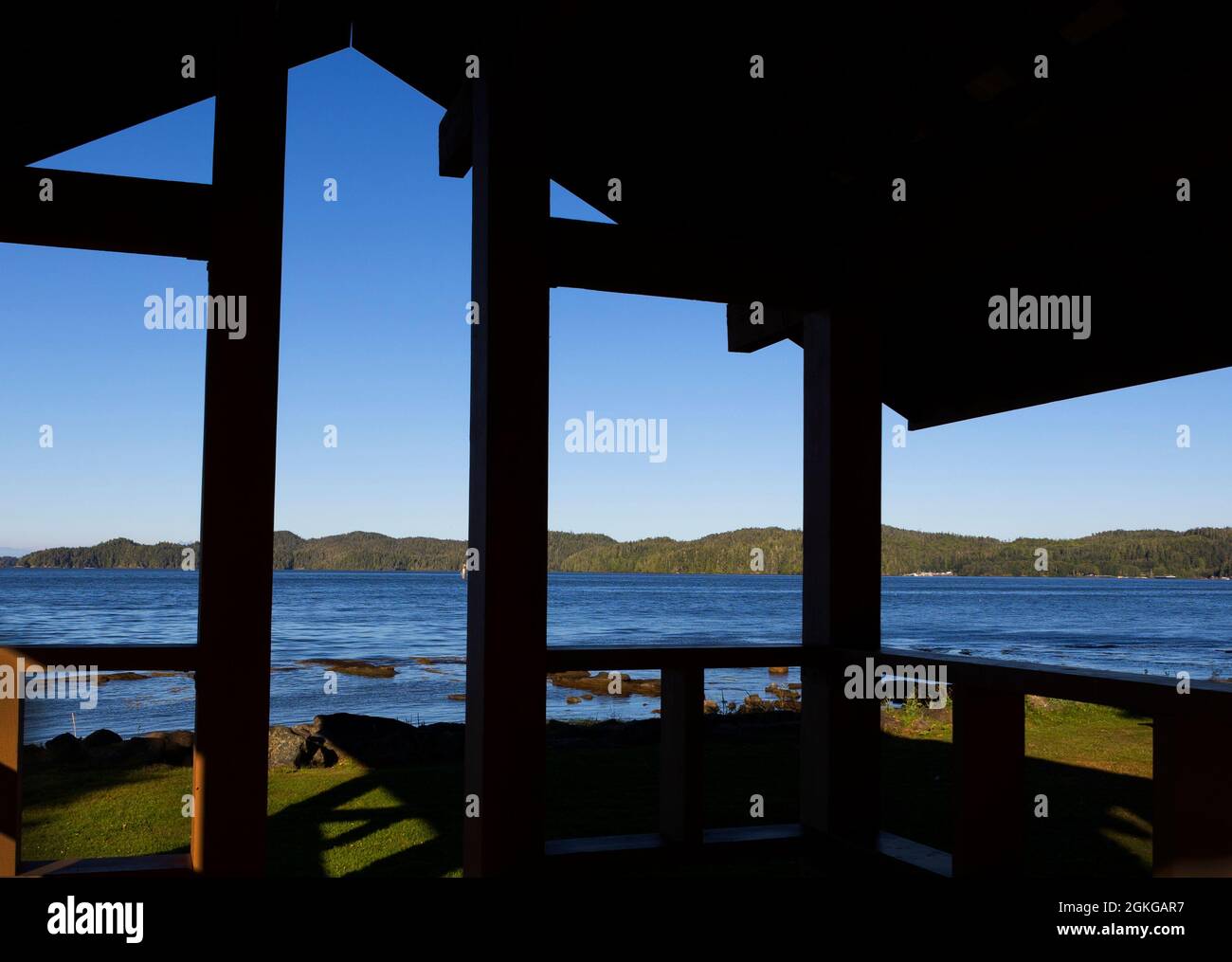 View of (and through) the Kinsmen Pavillion looking at Hardy Bay in Port Hardy, with Broughton archipelago in distance, Vancouver Island, BC, Canada Stock Photo