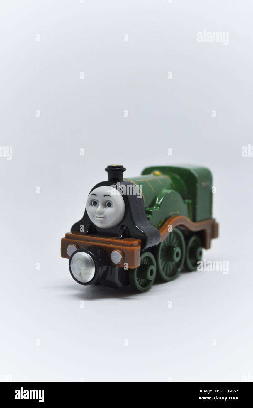 Die cast model of Emily from Thomas the Tank Engine  set against a white background. Stock Photo