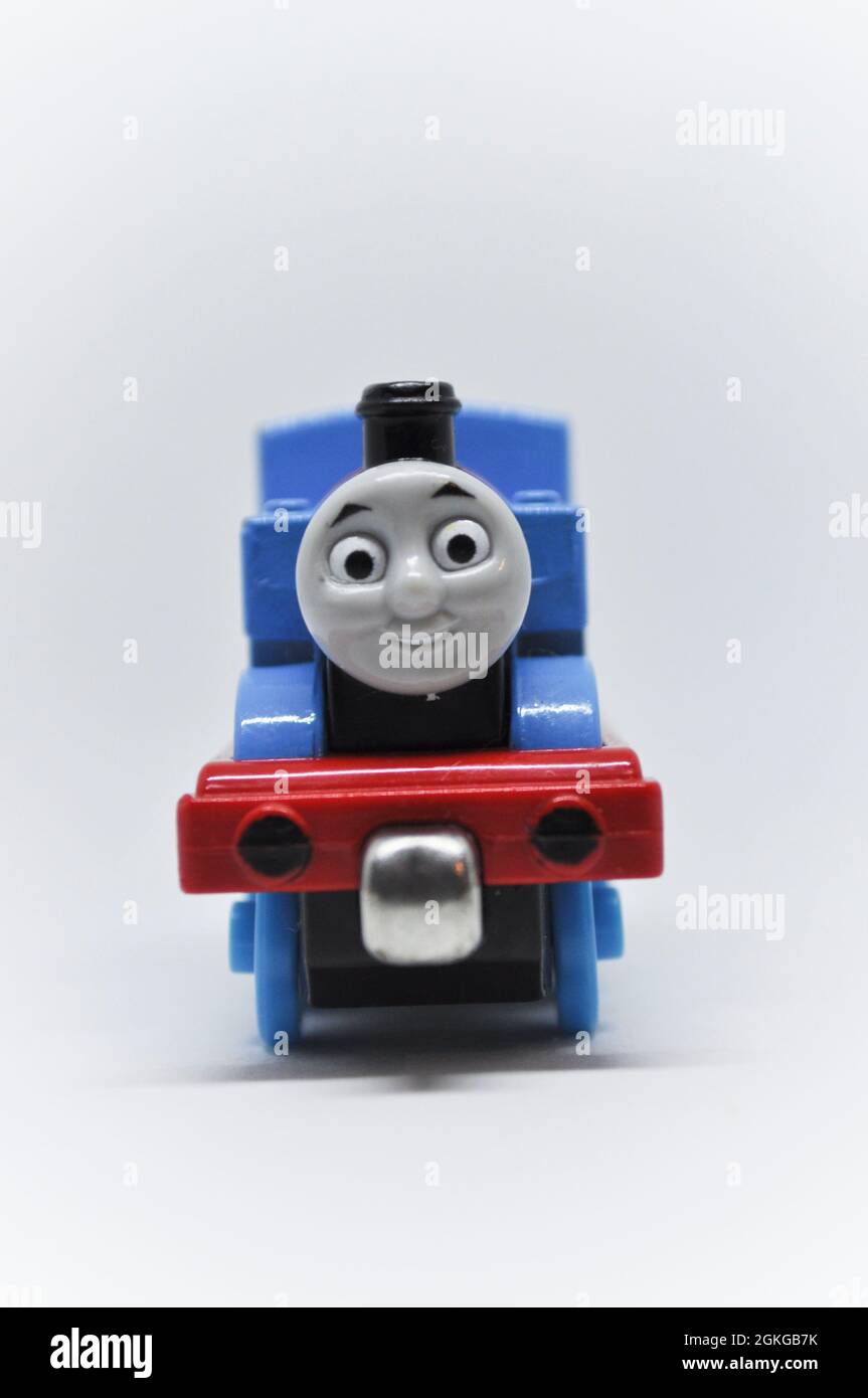 Die cast model of Thomas the Tank Engine  set against a white background. Stock Photo