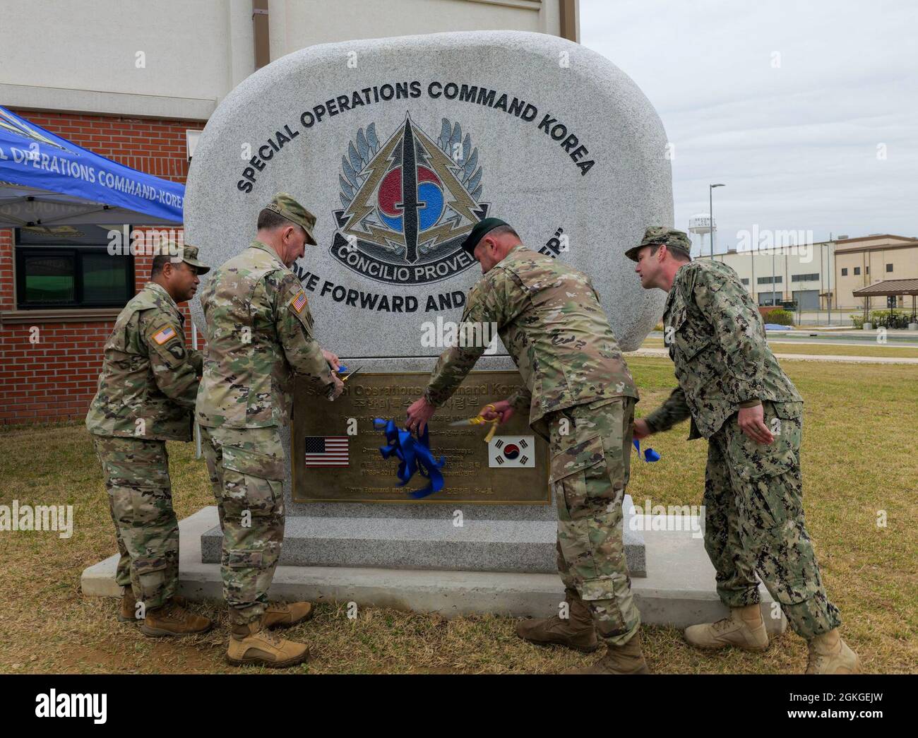 From left to right) Command Sergeant Major Walter A. Tagalicud, U.S. Forces  Korea senior enlisted leader, Gen. Robert B. Abrams, USFK commanding  general, Brig. Gen. Otto K. Liller, Special Operations Command Korea