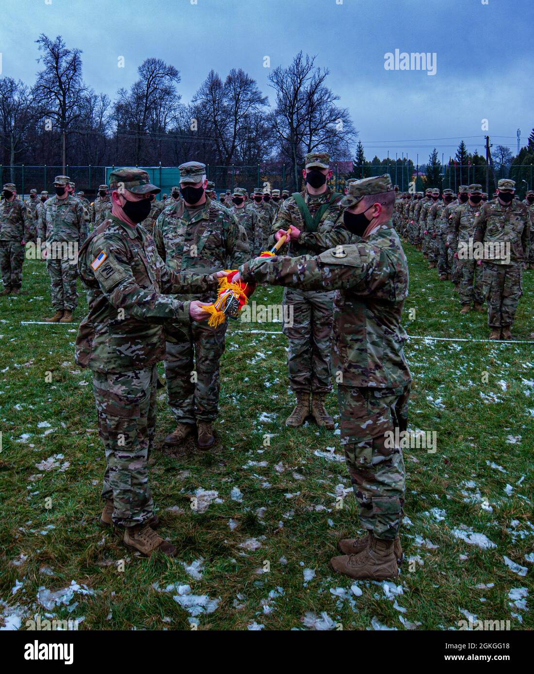 LVIV, Ukraine - Task Force Raven, 81st Stryker Brigade Combat Team, Washington Army National Guard, assumed command of the Joint Multinational Training Group-Ukraine mission at Collective Training Center – Yavoriv, Ukraine, during a Transfer of Authority ceremony April 16, 2021. Stock Photo