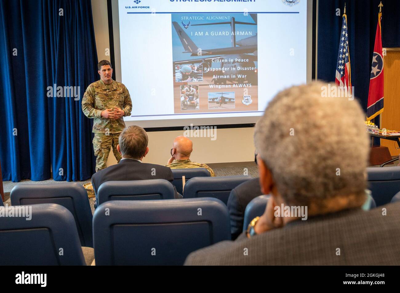 Members of the Tennessee State Representatives tour the 164th Airlift WIng in Memphis, Tenn. April 16, 2021. During this tour the members were able to learn what ways they have been currently helping the Airmen at the base as well as other ways they could help them. Stock Photo