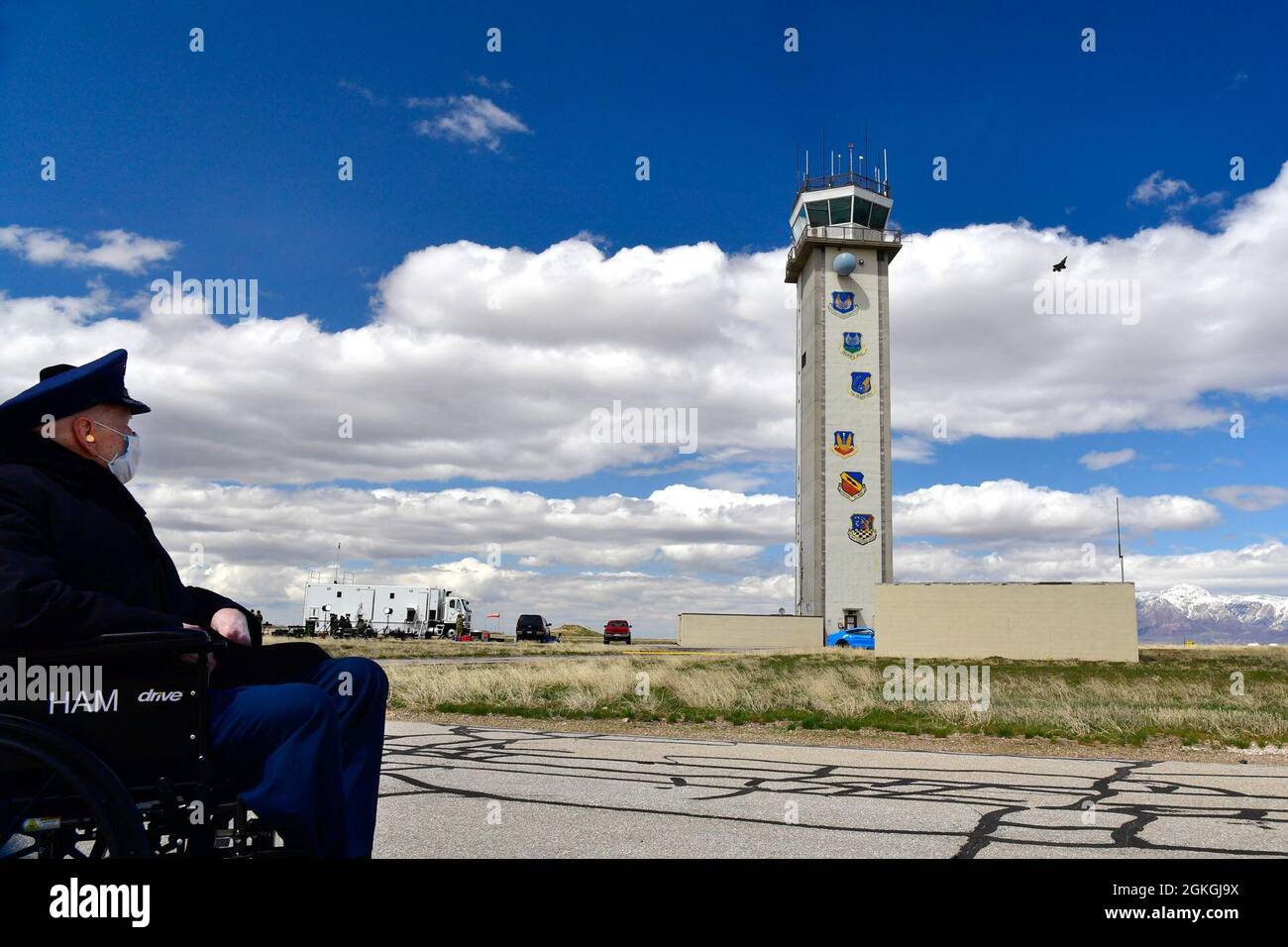 Air Force Col. (Ret.) Gail Halvorsen, the “Berlin Candy Bomber,” during an F-35A  Lightning II Demonstration Team practice April 16, 2021, at Hill Air Force Base, Utah. Halvorsen and family members witnessed the F-35 demo and then visited with the demo pilot and team afterward. Stock Photo