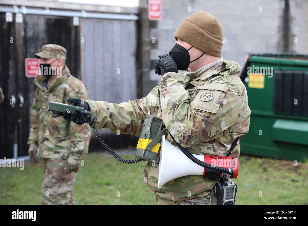 Spc. Raymond Faltisco, a combat engineer assigned to Bravo Company, 152nd Brigade Engineer Battalion of the New York Army National Guard, practices scanning for hazards while calling out to victims during a Homeland Response Force collective training exercise in East Amherst, New York on April 17. Faltisco and his unit are assigned to the FEMA Region II HRF's search and extraction element, tasked with rescuing victims during natural and manmade disasters. Stock Photo