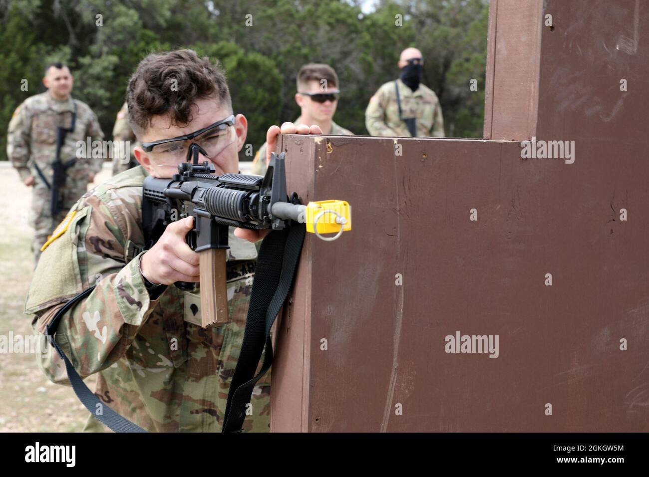 Spc. Christopher Thompson rehearses the new Army marksmanship course of fire prior to qualification during the Military Intelligence Readiness Command (MIRC) Best Warrior Competition (BWC) at Joint Base San Antonio – Camp Bullis April 18, 2021. Events such as the weapons qualification test competitors’ capabilities and combat-readiness to help determine the MIRC’s Best Warrior. Stock Photo