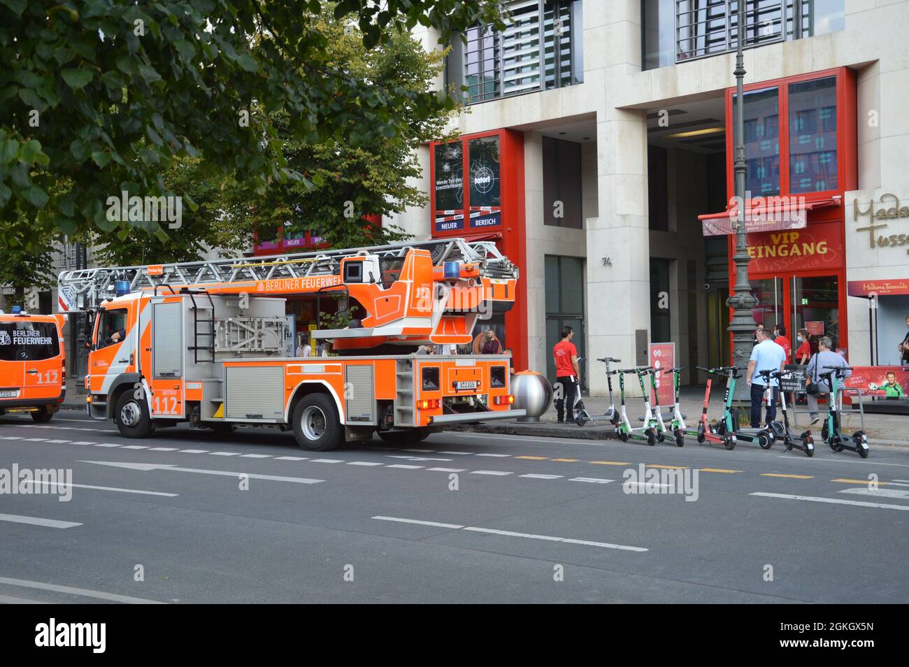 Berlin fire brigade in front of the museum Madame Tussauds at Unter den Linden, Berlin, Germany - September 11, 2021. Stock Photo