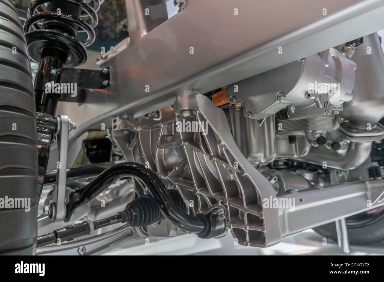 Detailed closeup of an electric car chassis and power transmission
