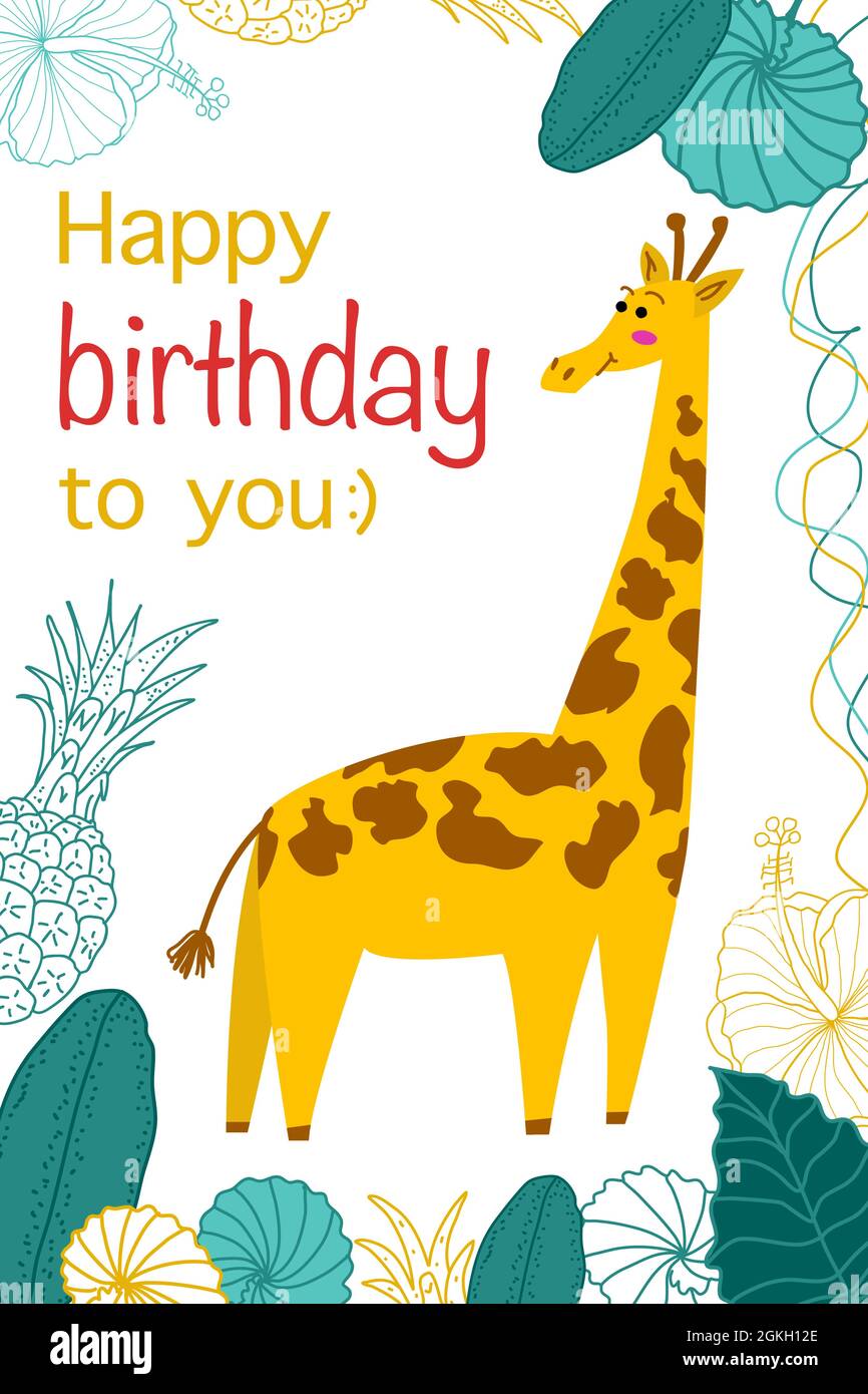 Birthday card. Printable vector greeting card template. Cute giraffe ...