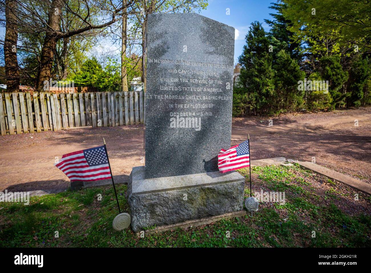 The T.A. Gillespie Company Shell Loading Plant Explosion Memorial at Parlin, N.J., April 20, 2021. The memorial, which is located at the Ernst Memorial Cemetery on 328 Ernston Road, honors the more than 100 people who were killed Oct. 4, 1918, at a World War I munitions plant in Sayreville, N.J. The facility and more than 300 surrounding buildings were destroyed. The first explosion caused a fire with ensuing explosions continuing for three days. Unexploded ordnance has been found as recently as 2007. Stock Photo