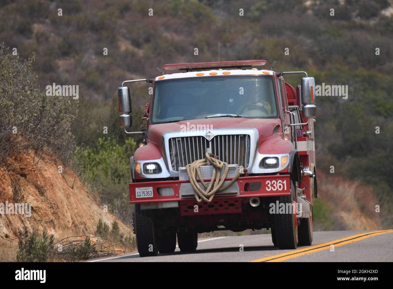Cal Fire brush rig 3381 heading for a flare up during the Valley Fire, east of San Diego. Stock Photo