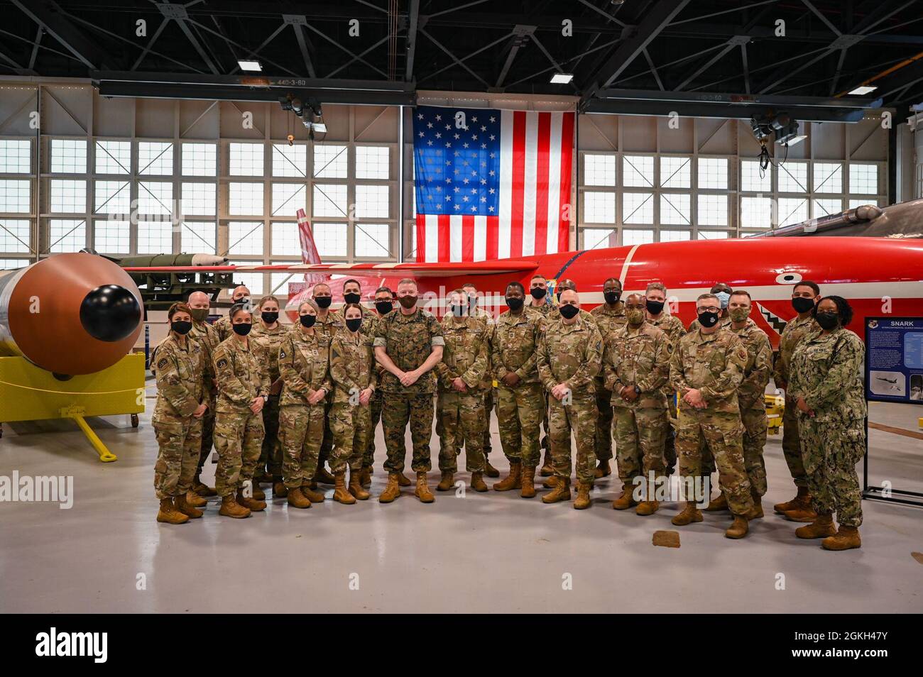 United States Space Command senior enlisted leaders pose for a group photo in Hangar C at Cape Canaveral Space Force Station, Fla., April 20, 2021. Hangar C contains restored launch systems with everything from early winged missiles to ballistic missiles to boilerplate capsules. Stock Photo