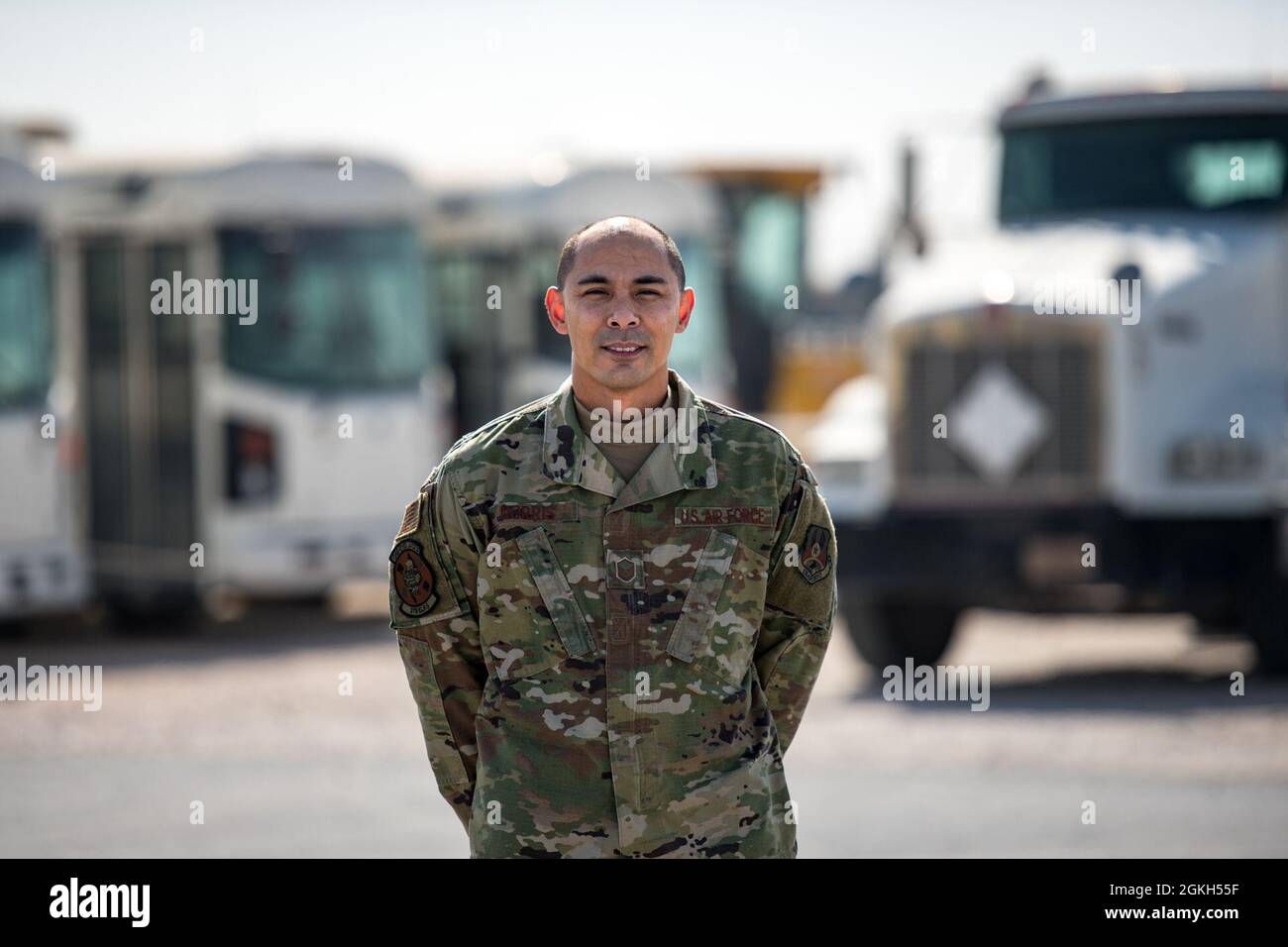 U.S. Air Force Master Sgt. Daniel Norris, ground transportation superintendent for the 379th Expeditionary Logistics Readiness Squadron, poses for a portrait Jan. 22, 2021, at Al Udeid Air Base, Qatar. Norris will have been in ground transportation for his entire Air Force career, a total of 21 years in April 2021. Stock Photo