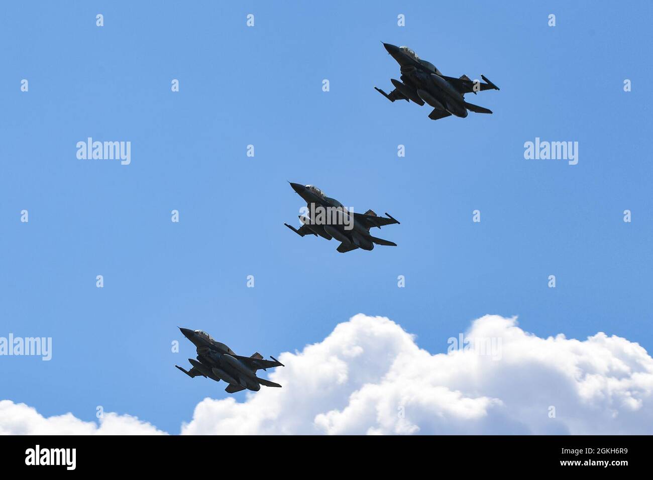Aircraft from multiple countries participating in INIOCHOS 21 fly in formation over Andravida Air Base, Greece, April 21, 2021. INIOCHOS prepares allies and partners for potential operations in support of NATO and other multinational contingencies around the world. Stock Photo