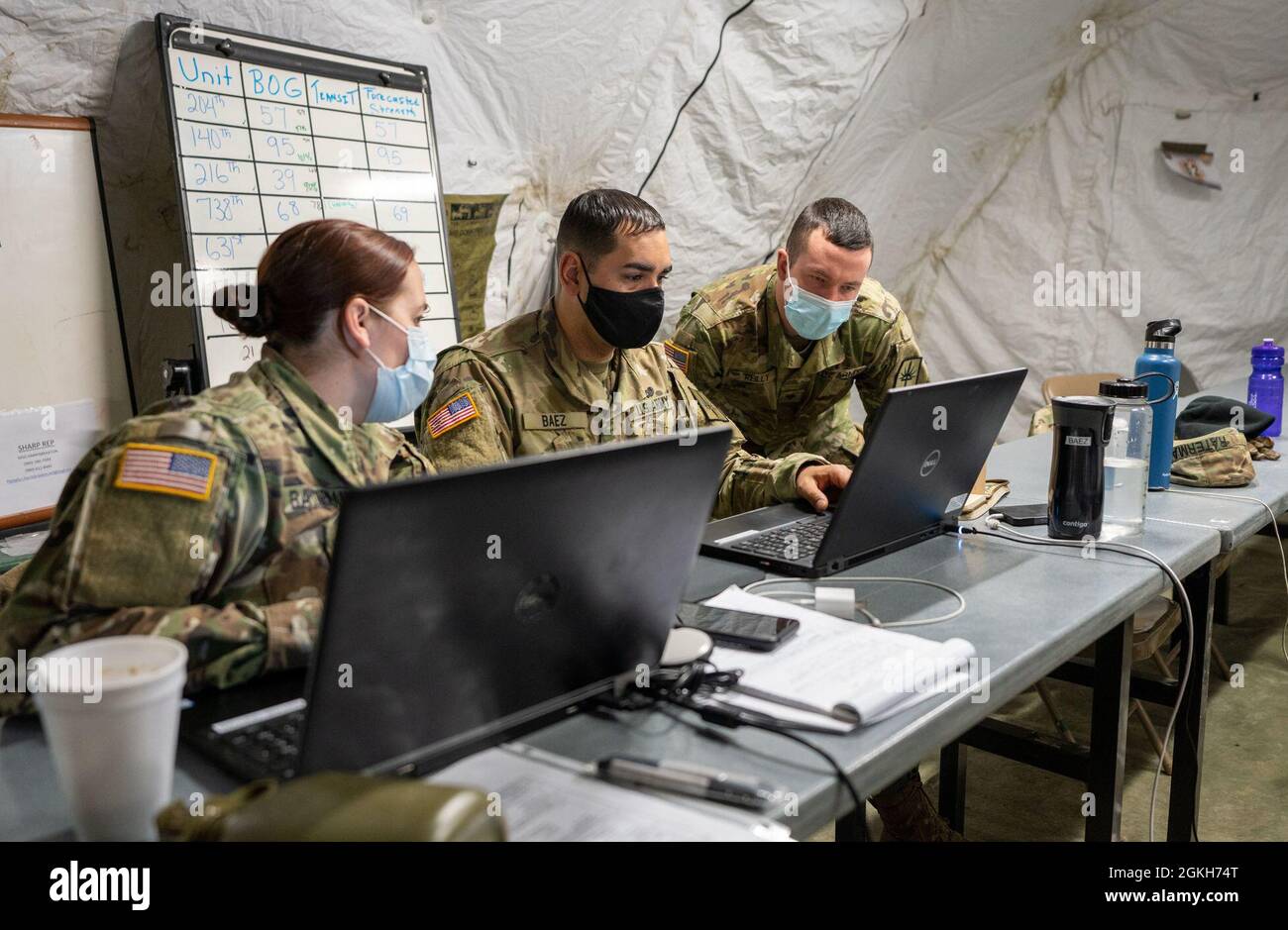 U.S. Army Soldiers assigned to the New York National Guard's 204th Engineer Battalion Headquarters Company conduct command post operations  to support for a mass casualty decontamination mission during at Regional Support Camp Panther,  in North Vernon, Indiana, on April 21, 2021 as part of the Guardian Response 2021 exercise.  New York National Guard Soldiers provided operational and logistical support to other states' National Guard elements during the exercise which included National Guard, Army Reserve and Active Army components. Stock Photo