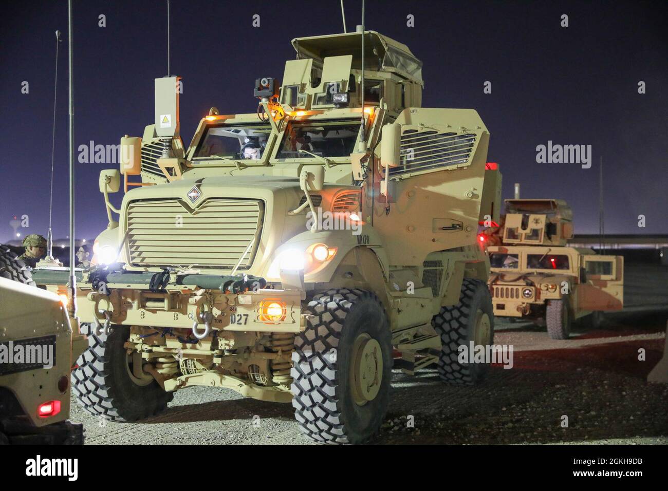 U.S. Army M1224 Maxxpro (MRAP) assigned to Delta Company 3-172 Infantry-Mountain, Task Force Iron Valor, stage in Kuwait, April 21, 2021. Delta Company soldiers and the MRAP provide security during a timed validation exercise. Stock Photo