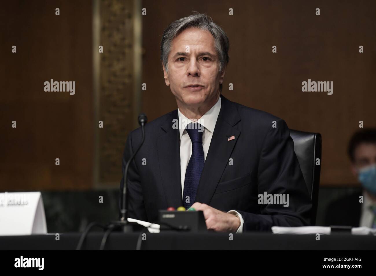 Washington, United States. 14th Sep, 2021. Secretary of State Antony Blinken testifies before the Senate Committee on Foreign Relations, during the hearing about 'Examining the US Withdrawal from Afghanistan', at Senate Dirksen Office Building in Washington. Credit: SOPA Images Limited/Alamy Live News Stock Photo