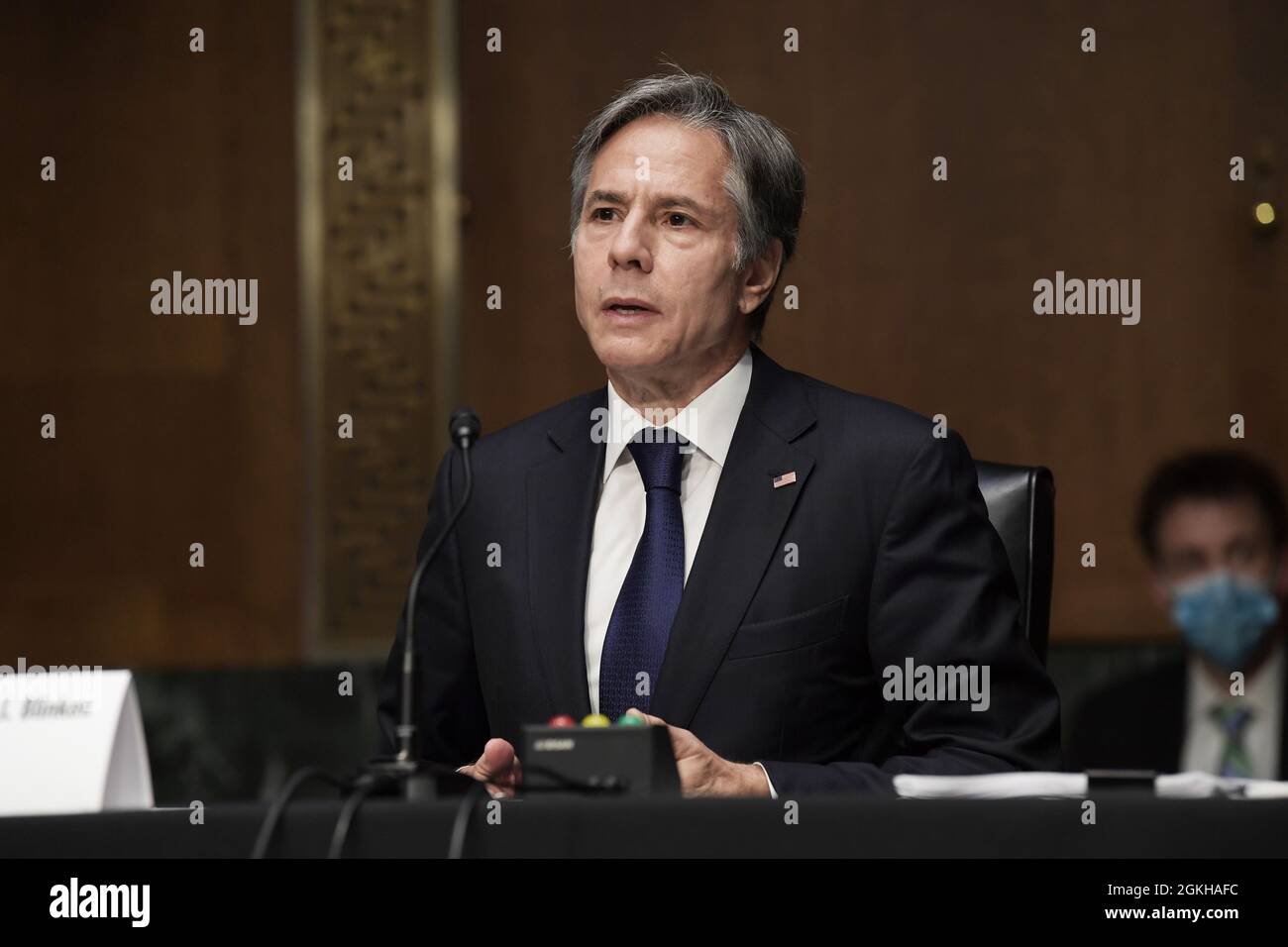 Washington, United States. 14th Sep, 2021. Secretary of State Antony Blinken testifies before the Senate Committee on Foreign Relations, during the hearing about 'Examining the US Withdrawal from Afghanistan', at Senate Dirksen Office Building in Washington. Credit: SOPA Images Limited/Alamy Live News Stock Photo