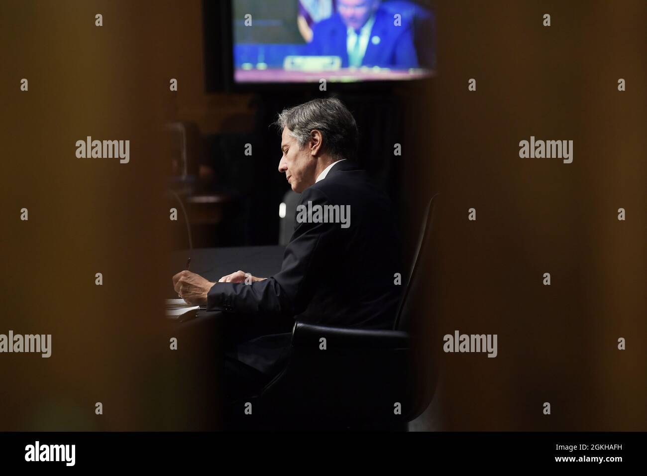 Washington, United States. 14th Sep, 2021. Secretary of State Antony Blinken testifies before the Senate Committee on Foreign Relations, during the hearing about 'Examining the US Withdrawal from Afghanistan', at Senate Dirksen Office Building in Washington. Credit: SOPA Images Limited/Alamy Live News Stock Photo
