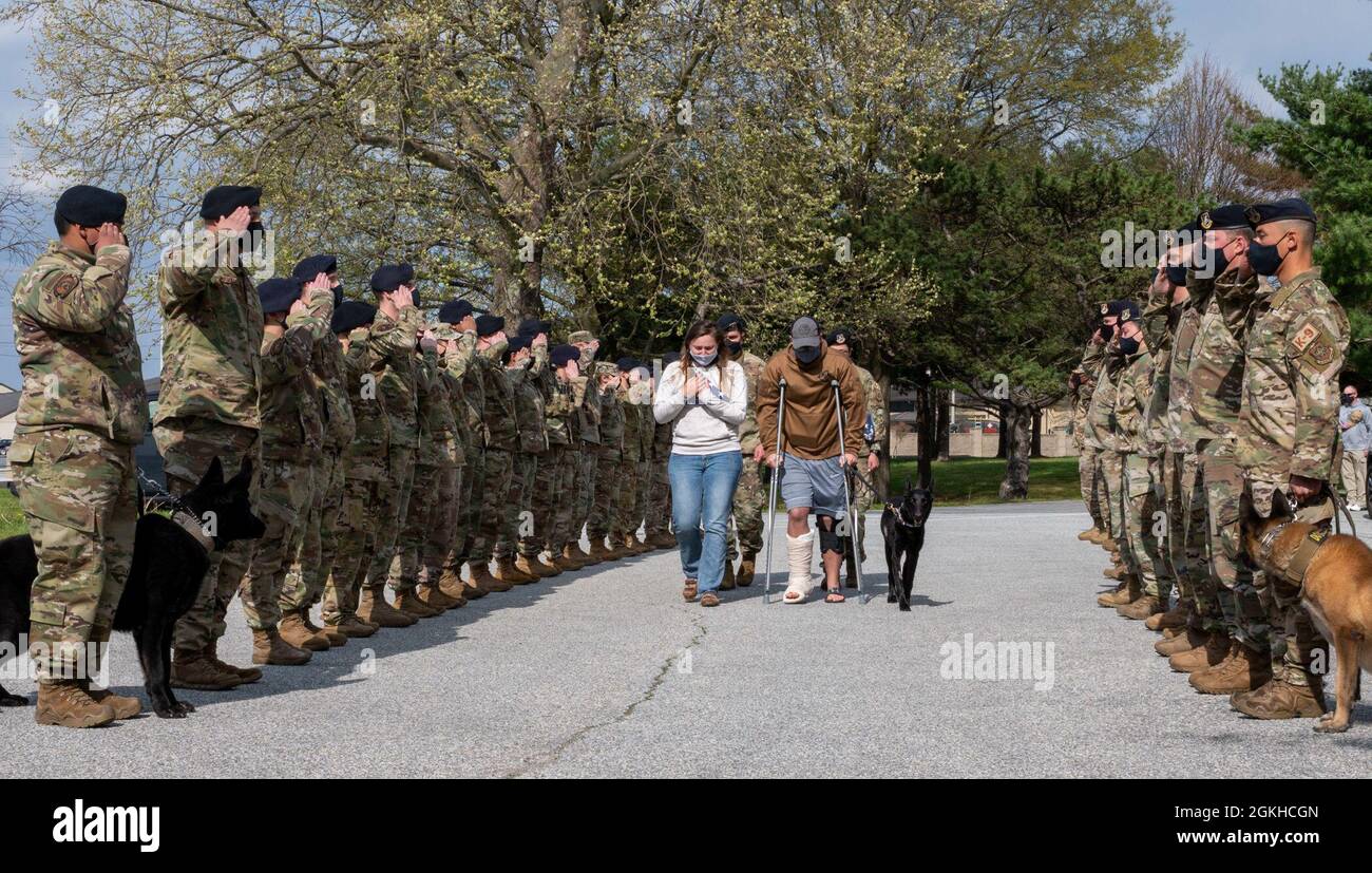 Staff Sgt. Brandon Soto, 436th Security Forces Squadron military working dog handler, and his wife, Emily Soto, walk retired MWD Kali during her last call at Dover Air Force Base, Delaware, April 22, 2021. The last call is a ceremony used to show respect and bid farewell to a fallen police officer or MWD. Following seven years of service, Kali was humanely euthanized after suffering from a tumor in her abdomen. Stock Photo