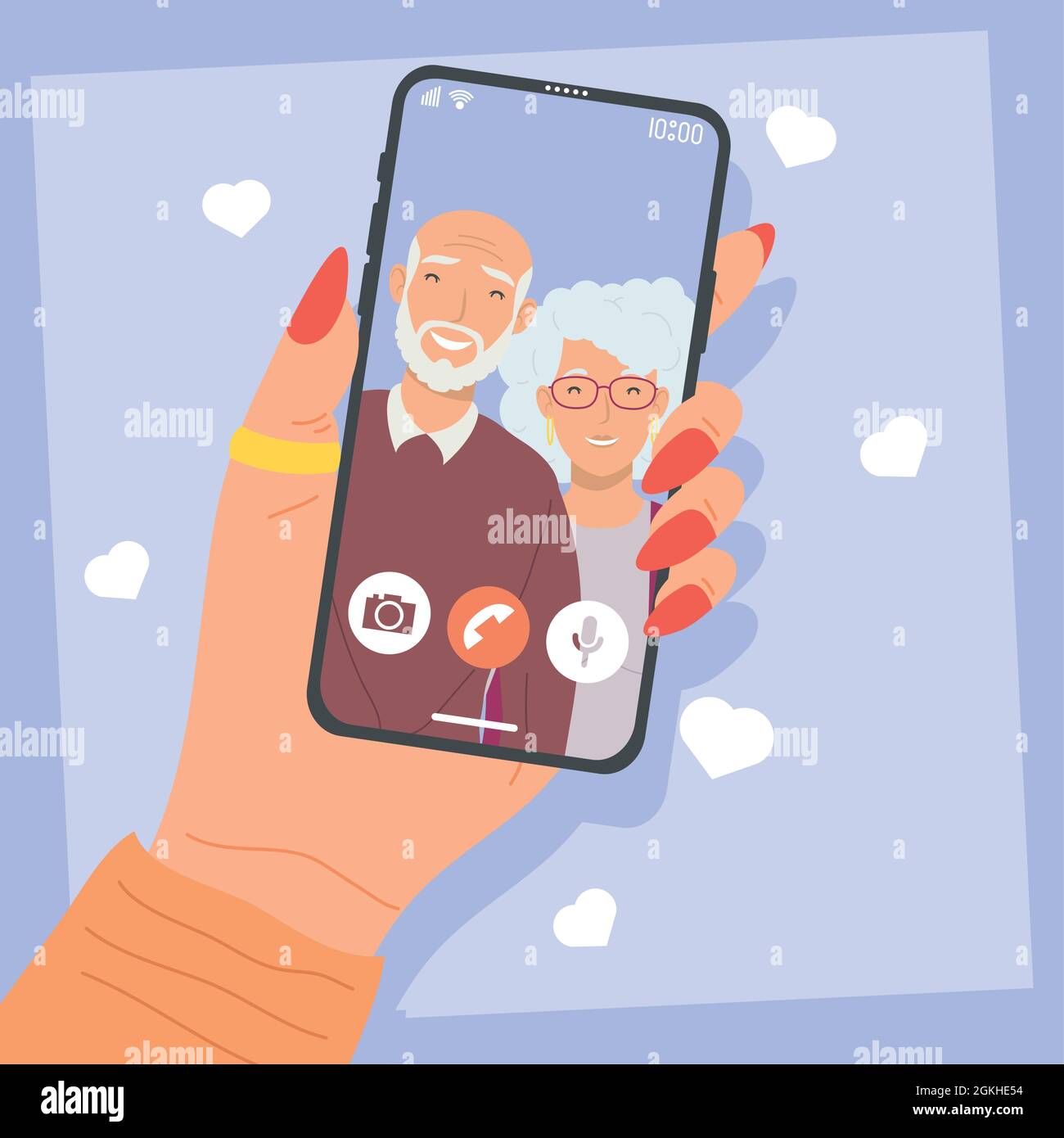 smartphone in video call with grandparents on purple background Stock