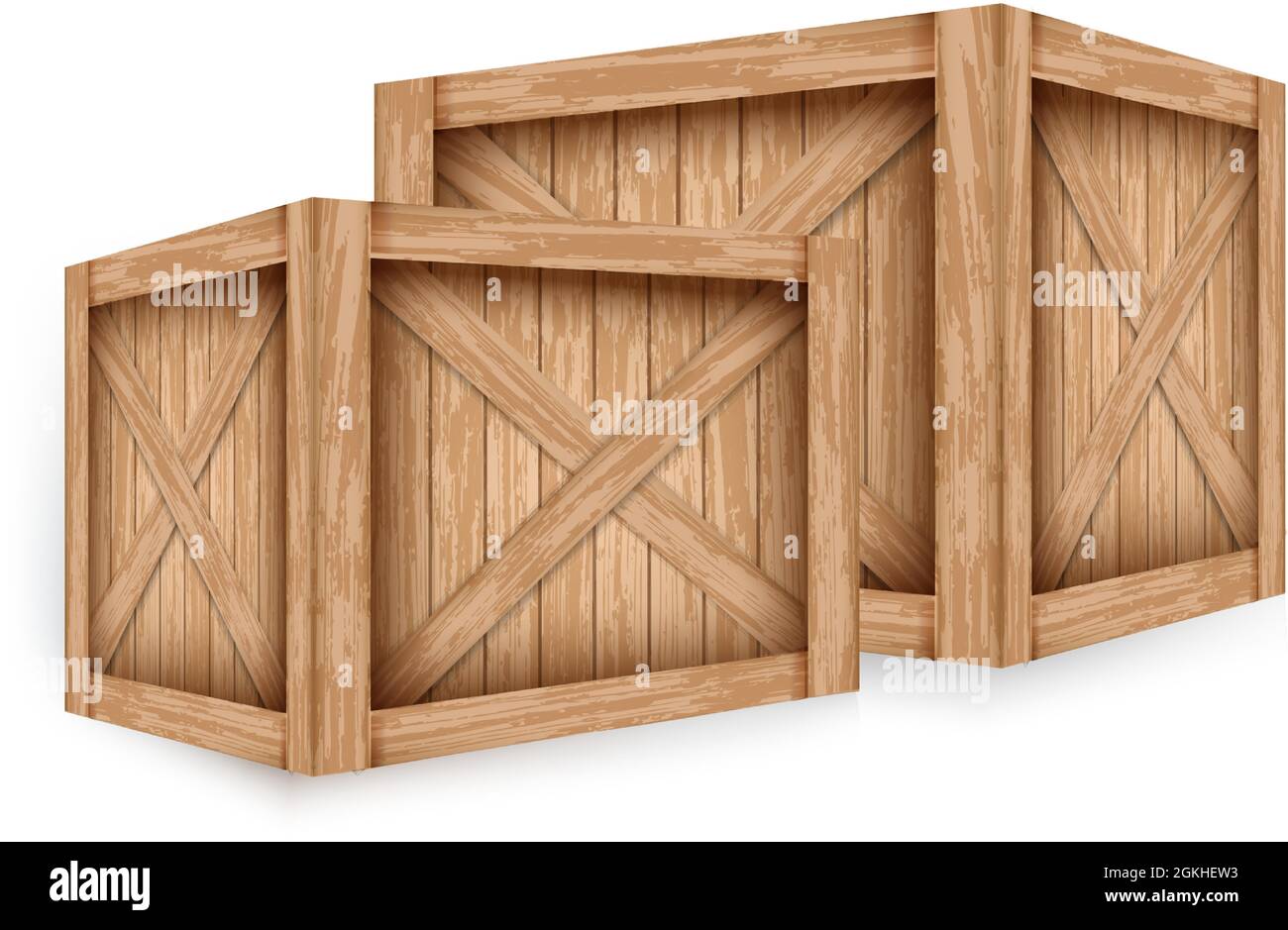 Realistic different cargo boxes. Vintage wooden crates made of planks for storage and delivery design. Wooden containers mockup template. Stock Vector
