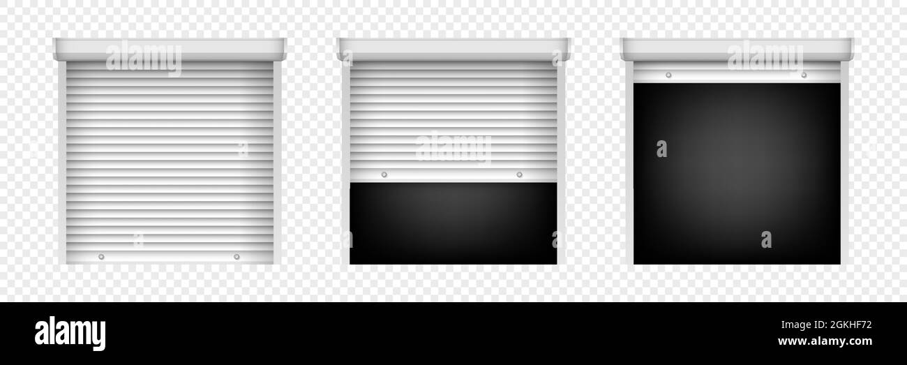 Set of roller shutter gate. Open and closed roller shutter doors. Metal industrial shutter doors for security decoration design Stock Vector
