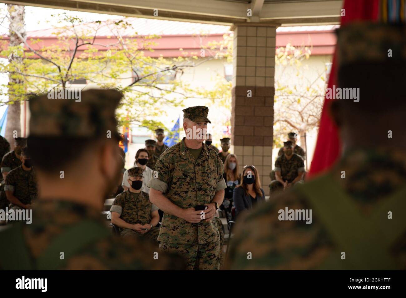 U.S. Marine Corps Col. Andrew T. Priddy, the 13th Marine Expeditionary Unit’s outgoing commanding officer, addresses the crowd during the Transfer of Authority ceremony in Camp Pendleton, Calif., April 23rd, 2021. The 13th MEU’s Transfer of Authority ceremony symbolizes the unbroken continuity of command between outgoing commanding officer, Col. Priddy and oncoming commanding officer, Lt. Col. Daniel J. Hipol. Stock Photo