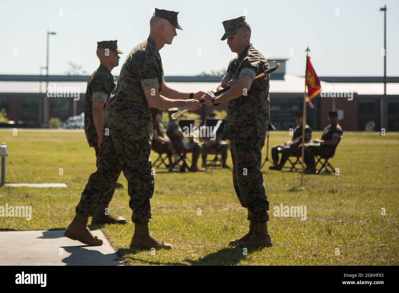 Marine Forces Special Operations Command hosts a relief and appointment ceremony at Camp Lejeune, N.C., Apr. 23, 2021. The Marine Raider family bids farewell to Sgt. Maj. Rafael Rodriguez and welcomes Sgt. Maj. Anthony J. Loftus. Stock Photo