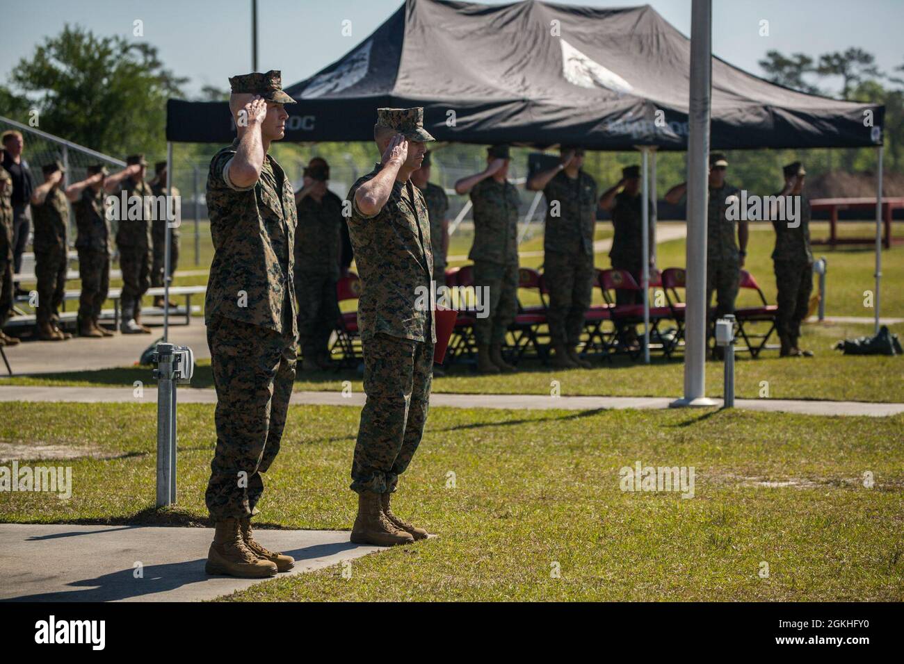 Marine Forces Special Operations Command hosts a relief and appointment ceremony at Camp Lejeune, N.C., Apr. 23, 2021. The Marine Raider family bids farewell to Sgt. Maj. Rafael Rodriguez and welcomes Sgt. Maj. Anthony J. Loftus. Stock Photo