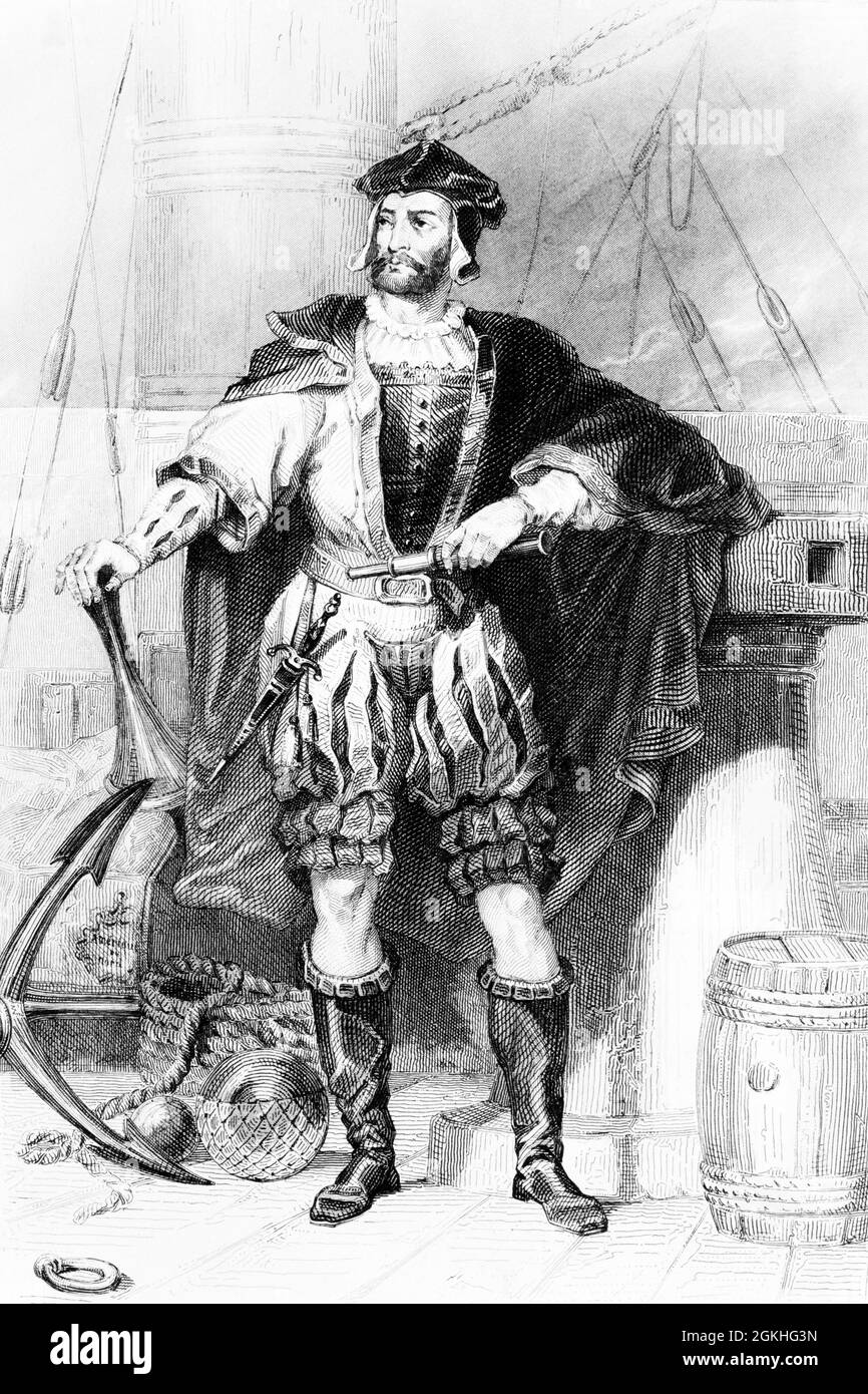 1530s JACQUES CARTIER FRENCH EXPLORER NAVIGATOR WHO DISCOVERED THE ST. LAWRENCE RIVER AND CLAIMED CANADA FOR FRANCE - q53229 CPC001 HARS BLACK AND WHITE CARTIER CAUCASIAN ETHNICITY CLAIMED DISCOVERED JACQUES LAWRENCE MAPPED MARITIME NAMED NAVIGATOR OLD FASHIONED Stock Photo
