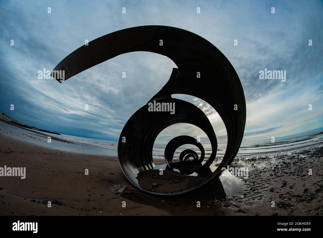 Mary's Shell at Cleveleys around Sunset public art metal sculpture by