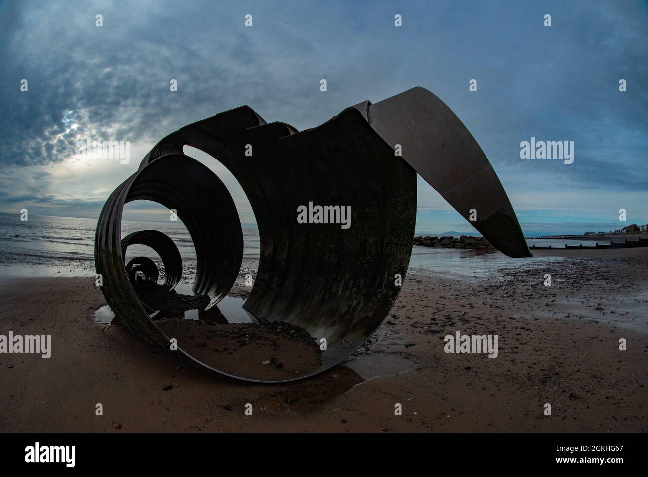 Mary's Shell at Cleveleys around Sunset public art metal sculpture by