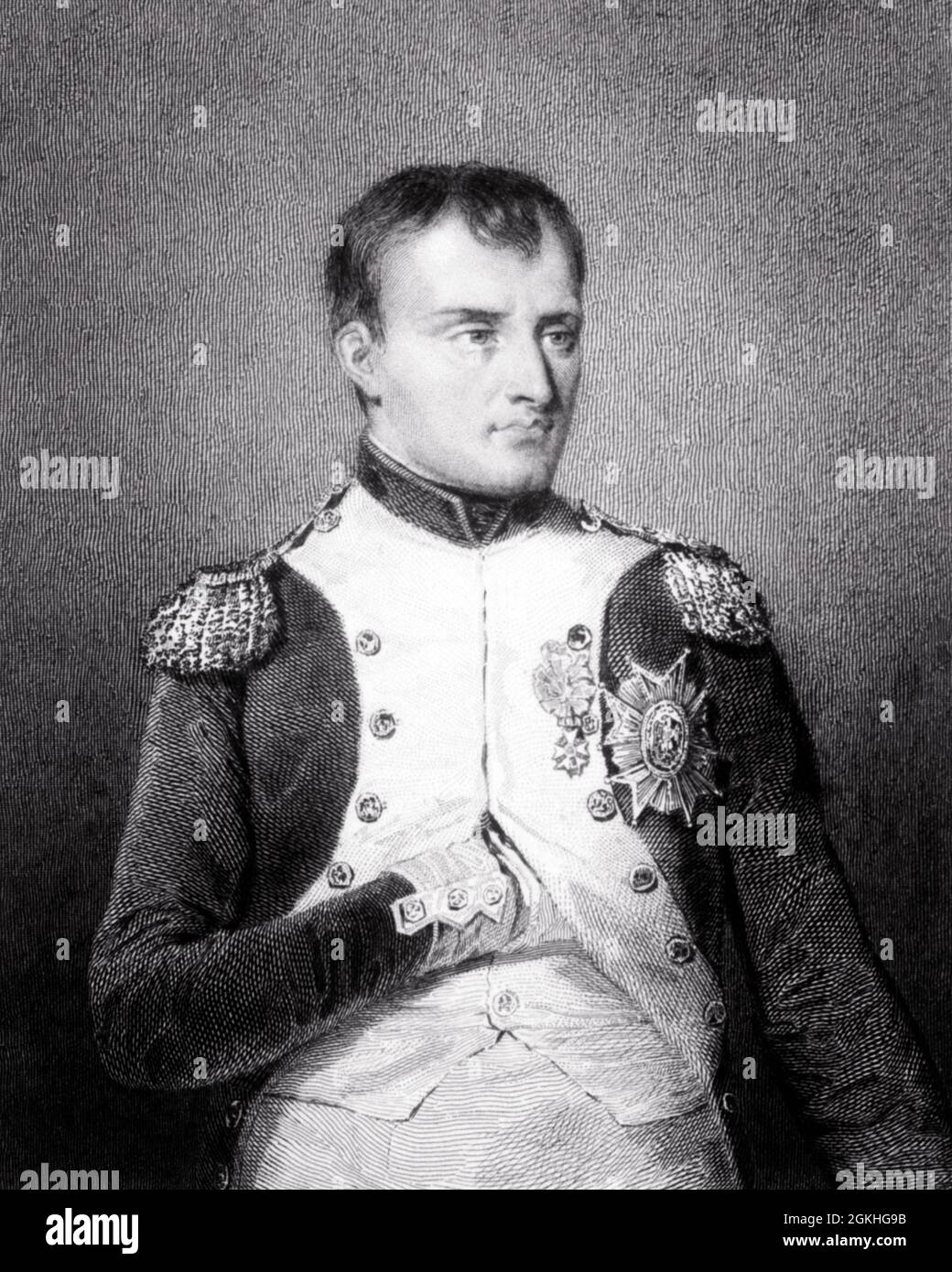 1800s 1812 PORTRAIT NAPOLEON I EMPEROR OF FRANCE 1804-1814 AND 1815 IN HIS TRADITIONAL POSE BONAPARTE - q62004 CPC001 HARS B&W EYE CONTACT POLITICAL NAPOLEON 1812 BONAPARTE HIS STRATEGY LEADERSHIP POLITICS UNIFORMS 19TH CENTURY ARTS CONTROVERSIAL STYLISH TUCKED RIGHT HAND CHAMBERS EMPEROR NAPOLEONIC CODE POSE BLACK AND WHITE CELEBRATED OLD FASHIONED Stock Photo