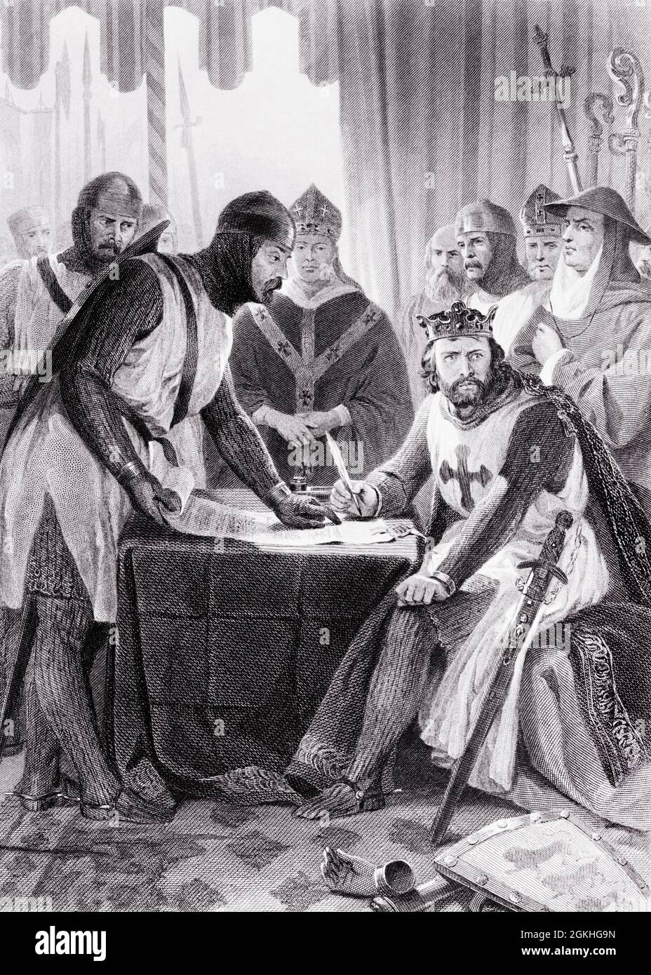 1210s KING JOHN OF ENGLAND SIGNING THE MAGNA CARTA LIBERTATUM ROYAL CHARTER OF RIGHTS AT RUNNYMEDE NEAR WINDSOR JUNE 15 1215 - q55006 CPC001 HARS OLD FASHIONED Stock Photo
