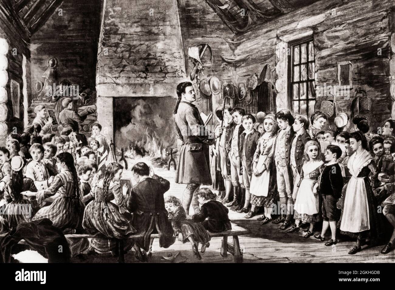 1700s INTERIOR OF 18TH CENTURY COLONIAL AMERICAN ONE ROOM SCHOOL WITH MALE TEACHER AND STUDENTS BY LARGE FIREPLACE  - q73003 CPC001 HARS B&W SCHOOLS GRADE RUSTIC AND INSTRUCTOR LEADERSHIP AUTHORITY OCCUPATIONS PRIMARY EDUCATOR ONE ROOM K-12 COOPERATION EDUCATING EDUCATORS GRADE SCHOOL GROWTH IDEAS INSTRUCTORS JUVENILES SCHOOL TEACHES TOGETHERNESS YOUNG ADULT MAN 1700s BLACK AND WHITE LOG CABIN OLD FASHIONED Stock Photo