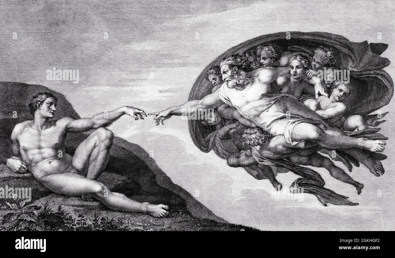 1500s 1512 MURAL THE CREATION OF ADAM BY GOD PART OF THE FRESCOES OF THE SISTINE CHAPEL IN ROME BY MICHELANGELO BUONARRATI - q66084 CPC001 HARS SISTINE Stock Photo