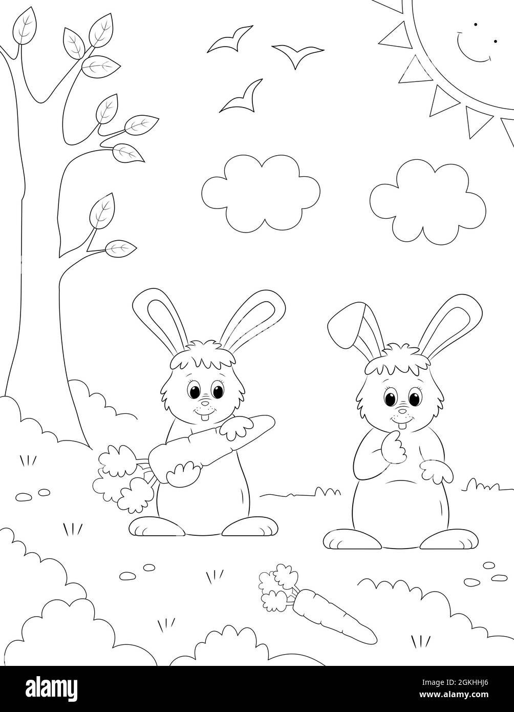 two cute rabbits one of them holding a carrot and a scene in a garden with birds, clouds, a cartoon sun and a tree, coloring page for kids Stock Photo