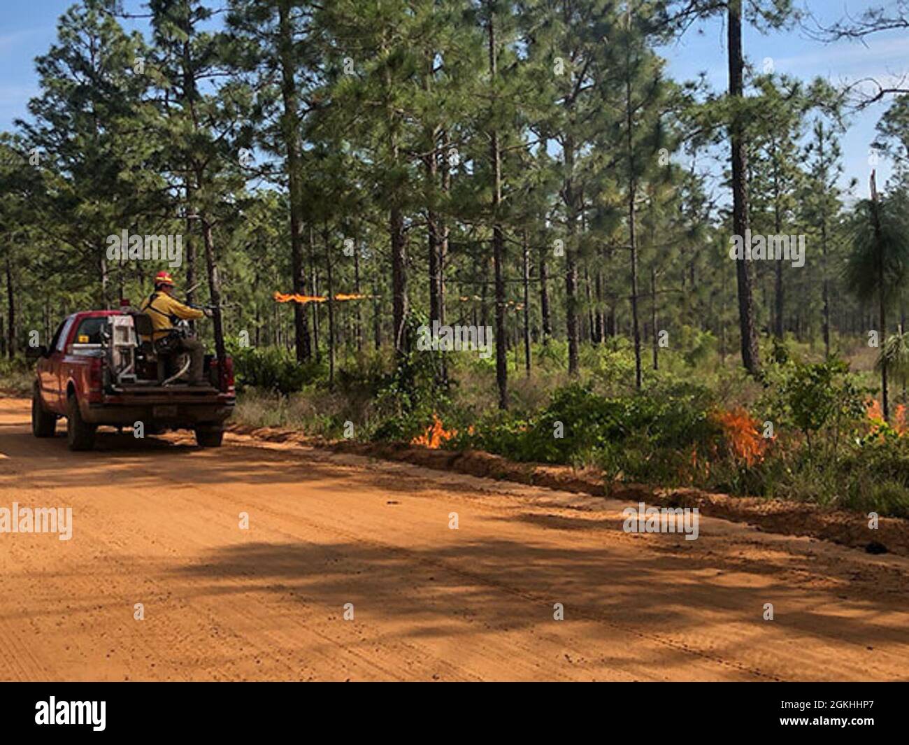 An equipment operator with the Fort Stewart-Hunter Army Airfield Forestry Branch ignites a baseline fire upwind along a dirt road in the installation's training area, April 23 on Fort Stewart. Stock Photo
