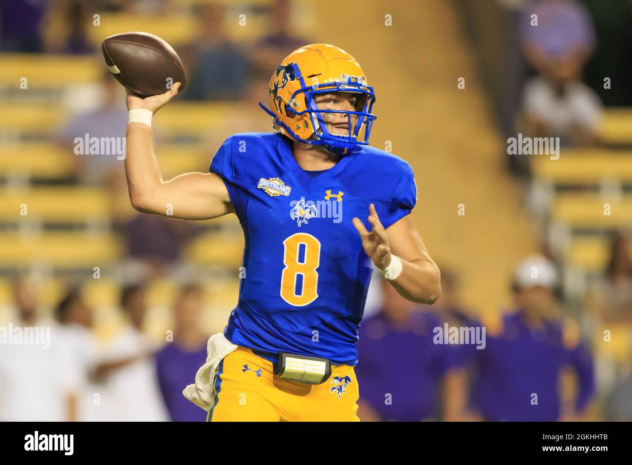 McNeese State Cowboys quarterback Cody Orgeron (8) passes against the LSU  Tigers, Saturday, Sept. 11, 2021, in Baton Rouge, Louisiana. (Kirk  Meche/Ima Stock Photo - Alamy