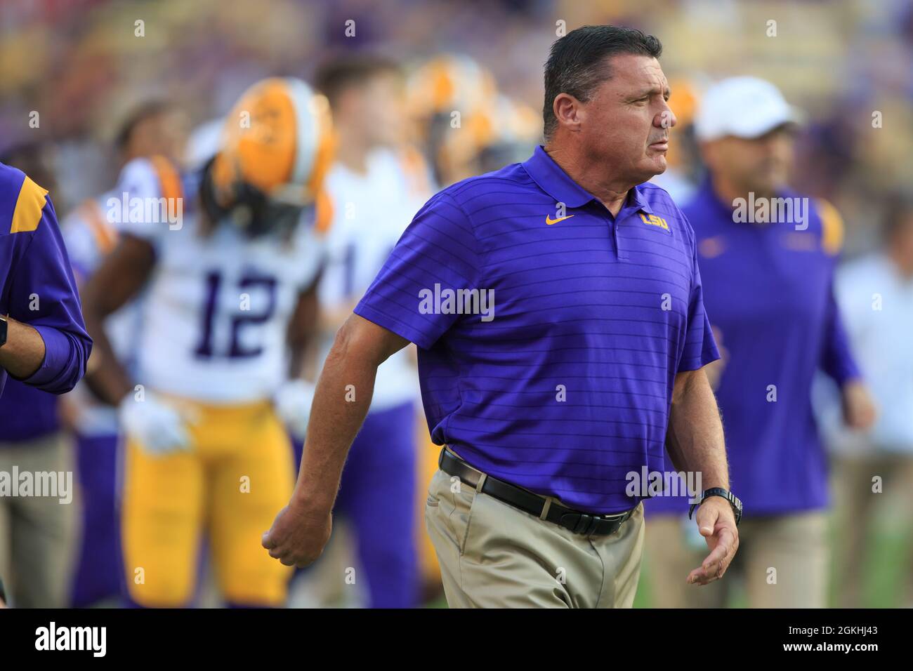 LSU Tigers head coach Ed Orgeron, Saturday, Sept. 11, 2021, in Baton Rouge,  Louisiana. (Kirk Meche/Image of Sport Stock Photo - Alamy