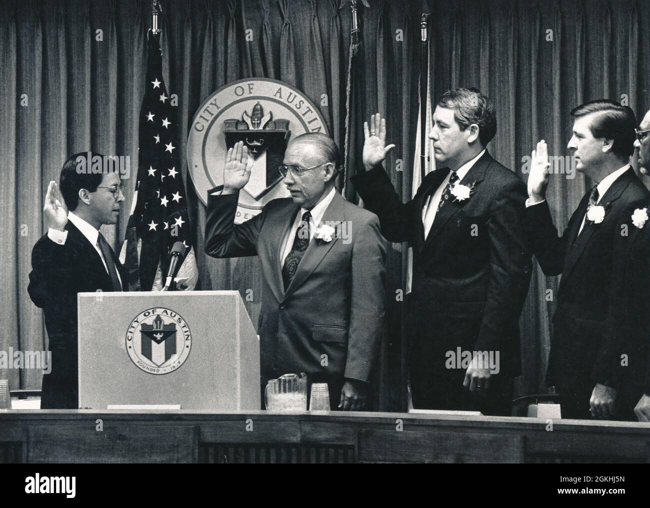 ©1991  Attorney General Dan Morales swears in the Austin City Council, including Gus Garcia, Ronny Reynolds and Mayor Bruce Todd. Stock Photo