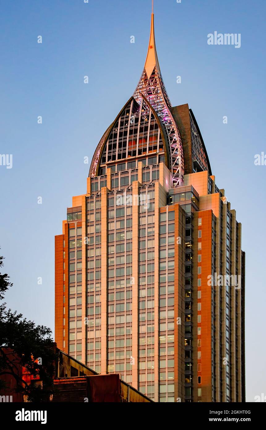 The RSA Battle House Tower is pictured, Sept. 10, 2021, in Mobile, Alabama. The skyscraper is 745 feet tall and is the tallest building in Alabama. Stock Photo